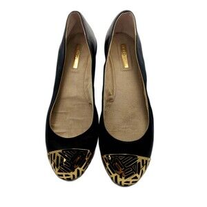 BCBGeneration Briget Leather Flats with Gold Toe Caps – Black & Gold – Size 8.5M